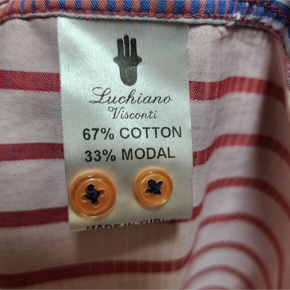 Luchiano Visconti Shirt Mens XL Blue Red Striped Cotton Modal Button Flip Cuff - Picture 12 of 16